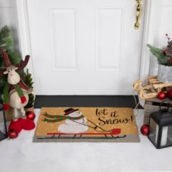Northlight Brown And White Snowman Let It Snow Rectangular Coir Christmas Doormat 18" X 30"