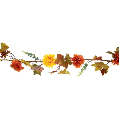 Northlight 5.5' X 6" Autumn Harvest Orange And Yellow Mums With Maple Leaves Garland - Unlit 5 Northlight 5.5' X 6" Autumn Harvest Orange And Yellow Mums With Maple Leaves Garland - Unlit - Image 5