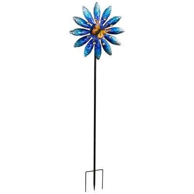 Northlight Blue Flower With Butterfly Outdoor Pinwheel Garden Stake - 4' 3 Northlight Blue Flower With Butterfly Outdoor Pinwheel Garden Stake - 4' - Image 3