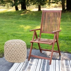 Northlight 18" Beige Handmade Macramé Natural Cotton Square Pouf Ottoman