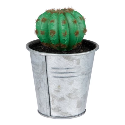 Northlight 3.5" Tropical Cactus In Tin Pot Artificial Potted Plant - Green/Silver 2 Northlight 3.5" Tropical Cactus In Tin Pot Artificial Potted Plant - Green/Silver - Image 2