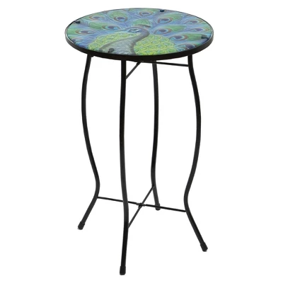 Northlight 19" Blue And Green Peacock Glass Patio Side Table 3 Northlight 19" Blue And Green Peacock Glass Patio Side Table - Image 3