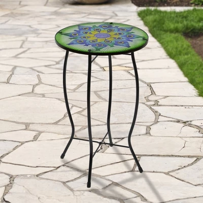Northlight 19" Green And Blue Peacock Flower Tail Glass Patio Side Table 1 Northlight 19" Green And Blue Peacock Flower Tail Glass Patio Side Table