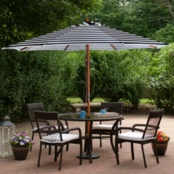 Northlight Striped Outdoor Patio Market Umbrella With Wooden Pole - 8.5' - Blue And White
