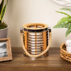 Northlight Rattan Glass Candle Lantern With Jute Handle - 7.5"