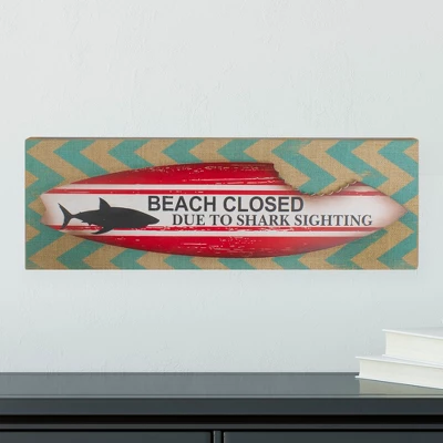 Northlight Rectangular Burlap Covered "Beach Closed" Shark Bite Surfboard Wall Art 24" 1 Northlight Rectangular Burlap Covered "Beach Closed" Shark Bite Surfboard Wall Art 24"
