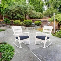 Northlight 42" White Resin Wicker Rocker Chair With Blue Cushion