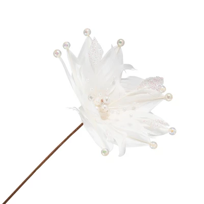Northlight Beaded Feather Poinsettia Artificial Christmas Pick - 13.75" - White 3 Northlight Beaded Feather Poinsettia Artificial Christmas Pick - 13.75" - White - Image 3