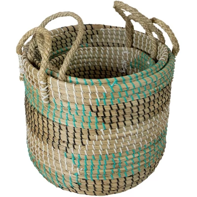 Northlight Set Of 3 Natural Woven Seagrass Basket With Teal, Black And White Accents 1 Northlight Set Of 3 Natural Woven Seagrass Basket With Teal, Black And White Accents