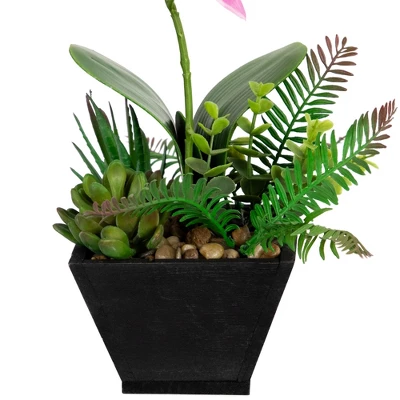 Northlight 13" Orchid With Succulent Artificial Potted Plant - Pink 3 Northlight 13" Orchid With Succulent Artificial Potted Plant - Pink - Image 3
