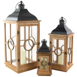 Northlight Set Of 3 Natural Wood Candle Lanterns With Black Metal Tops 26.5"
