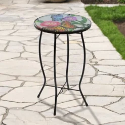 Northlight 19" Floral And Butterfly Glass Patio Side Table