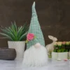 Northlight 20" Green And White Plaid Spring And Easter Gnome Head Table Top Decor