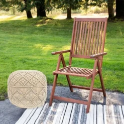 Northlight 18" Solid Cream Macrame Round Handmade Natural Cotton Pouf Ottoman