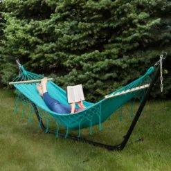 Northlight Hammock With Netted Fringe And Wooden Bars - 100" X 41" - Teal Green