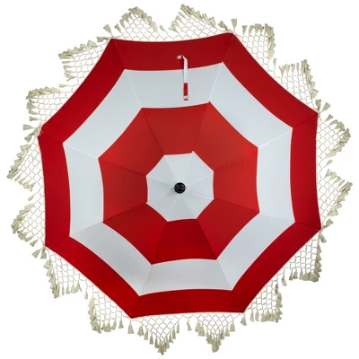 Northlight Striped Outdoor Macrame Boho Beach Market Umbrella With Tiltt- 6.5' - Red And White 4 Northlight Striped Outdoor Macrame Boho Beach Market Umbrella With Tiltt- 6.5' - Red And White - Image 4