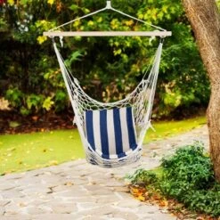 Northlight Macrame Cotton Hammock Chair With Striped Cushion - 46" X 35.25" - Cream And Blue