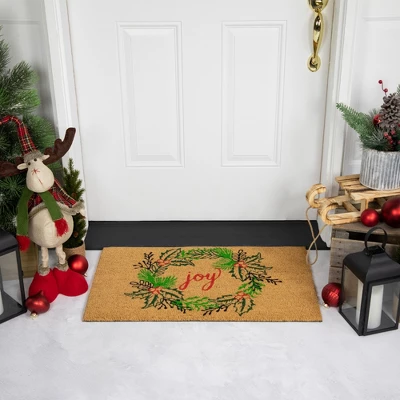 Northlight Natural Coir "Joy" Wreath Christmas Doormat 18" X 30" 1 Northlight Natural Coir "Joy" Wreath Christmas Doormat 18" X 30"