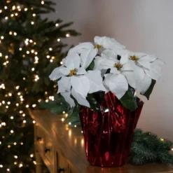Northlight 14.5" White Artificial Christmas Poinsettia With Red Wrapped Base