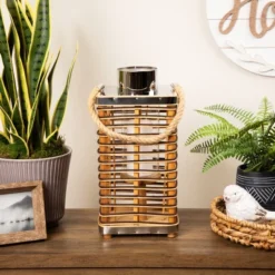 Northlight Rectangular Rattan Glass Candle Lantern With Jute Handle - 15.5"