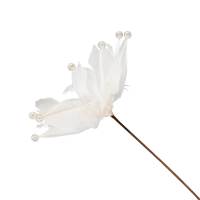 Northlight Beaded Feather Poinsettia Artificial Christmas Pick - 13.75" - White 2 Northlight Beaded Feather Poinsettia Artificial Christmas Pick - 13.75" - White - Image 2