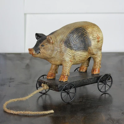 Northlight 10" Black And White Wood Textured Pig On Cart Outdoor Garden Statue 2 Northlight 10" Black And White Wood Textured Pig On Cart Outdoor Garden Statue - Image 2