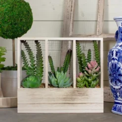 Northlight 11" Artificial Mixed Succulent Arrangement In A Wooden Planter Box