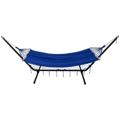 Northlight Hammock With Netted Fringe And Wooden Bars - 100" X 41" - Blue 3 Northlight Hammock With Netted Fringe And Wooden Bars - 100" X 41" - Blue - Image 3