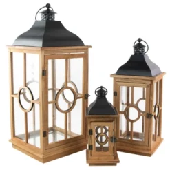 Northlight Set Of 3 Natural Wood Candle Lanterns With Black Metal Tops 26.5" -Home Decor GUEST 8b957022 a4bc 4dbb a1ce 17fc8ff0e694
