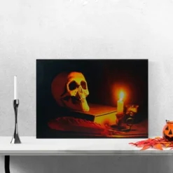 Northlight 15.75" Halloween Prelit LED Antique Candle And Skull Canvas Wall Art - Black/Orange