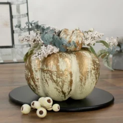 Northlight 9" White And Gold Pumpkins Fall Harvest Arrangement