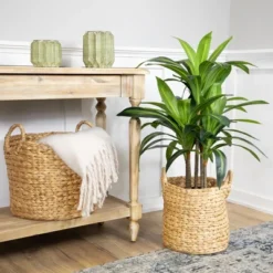 Northlight Set Of 2 Beige Textured Water Hyacinth Woven Storage Baskets With Handles - 15.75"