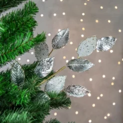 Northlight 28" Platinum Silver And Icy Glitter Leaves Christmas Spray