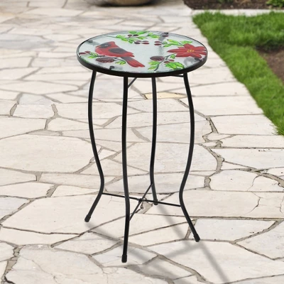 Northlight 19" Red Cardinal And Pine Cone Glass Patio Side Table 1 Northlight 19" Red Cardinal And Pine Cone Glass Patio Side Table