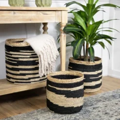 Northlight Set Of 3 Black And Beige Zig Zag Sew Seagrass Storage Baskets 15.5"