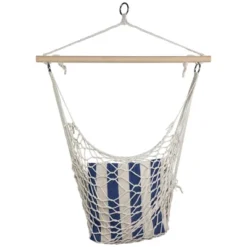 Northlight Macrame Cotton Hammock Chair With Striped Cushion - 46" X 35.25" - Cream And Blue -Home Decor GUEST a59e8b6a 56ec 4645 9f58 f06bba612f87