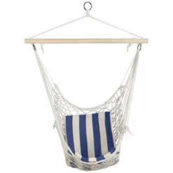 Northlight Macrame Cotton Hammock Chair With Striped Cushion - 46" X 35.25" - Cream And Blue -Home Decor GUEST aa45a65c 0417 45a2 a5a0 eba687ee108f