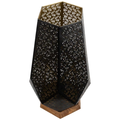 Northlight Laser-Cut Leaf Pattern Iron Table Lamp With Wood Base - 16.5" - Black And Gold 2 Northlight Laser-Cut Leaf Pattern Iron Table Lamp With Wood Base - 16.5" - Black And Gold - Image 2