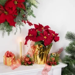 Northlight 16" Red Artificial Christmas Poinsettia Arrangement With Gold Wrapped Pot