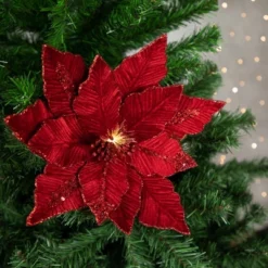 Northlight 20" Lighted Red Velvet Poinsettia Christmas Stem Spray