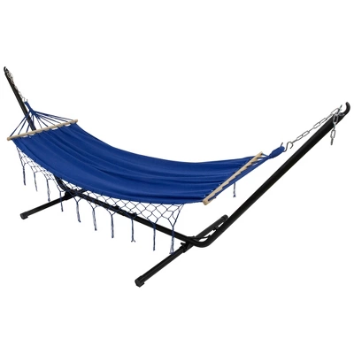 Northlight Hammock With Netted Fringe And Wooden Bars - 100" X 41" - Blue 2 Northlight Hammock With Netted Fringe And Wooden Bars - 100" X 41" - Blue - Image 2