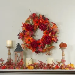 Northlight Leaves And Flowers Fall Harvest Wreath - 24-Inch, Unlit