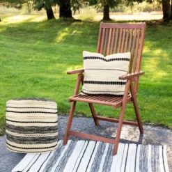 Northlight 18" Striped Cream And Black Outdoor Woven Pouf Ottoman