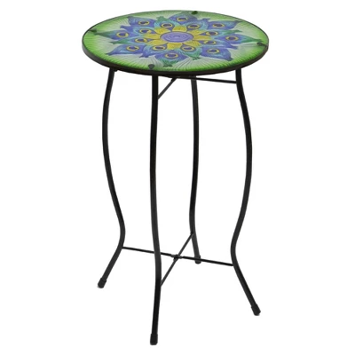 Northlight 19" Green And Blue Peacock Flower Tail Glass Patio Side Table 3 Northlight 19" Green And Blue Peacock Flower Tail Glass Patio Side Table - Image 3