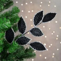 Northlight 26" Black And Silver Sequin Leaves Christmas Spray