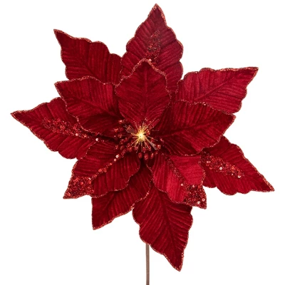 Northlight 20" Lighted Red Velvet Poinsettia Christmas Stem Spray 2 Northlight 20" Lighted Red Velvet Poinsettia Christmas Stem Spray - Image 2