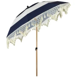 Northlight Striped Outdoor Tilting Macrame Boho Beach Market Umbrella - 6.5' - Blue And White -Home Decor GUEST de2bbf2e b7b7 485c b3df 97af6ca8d202