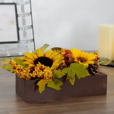 Northlight 10" Yellow And Brown Sunflowers And Leaves Fall Harvest Floral Arrangement 1 Northlight 10" Yellow And Brown Sunflowers And Leaves Fall Harvest Floral Arrangement