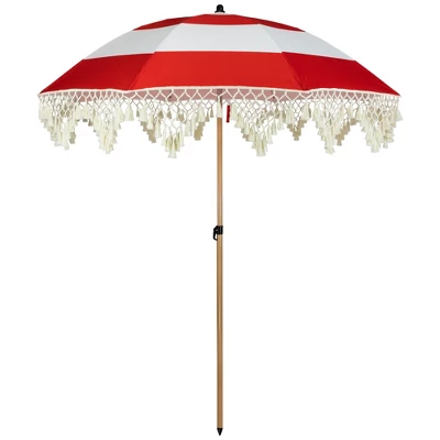 Northlight Striped Outdoor Macrame Boho Beach Market Umbrella With Tiltt- 6.5' - Red And White 9 Northlight Striped Outdoor Macrame Boho Beach Market Umbrella With Tiltt- 6.5' - Red And White - Image 9