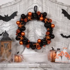 Northlight Orange Spiders And Ornaments Halloween Wreath, 18-Inch, Unlit
